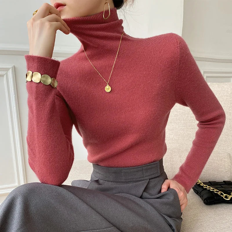 Women's Fitted Turtleneck Sweater in Rosewood Blush - front view