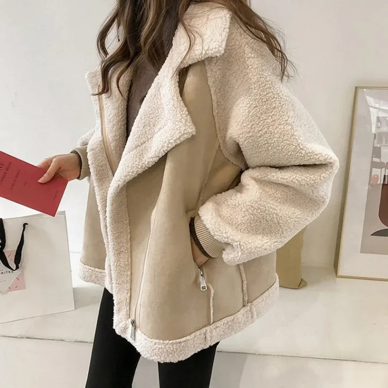 Women's Faux Shearling Jacket in Beige - front view