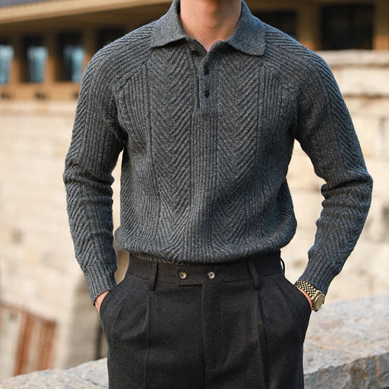 Men's Cable Knit Polo Sweater in Charcoal Slate - front view