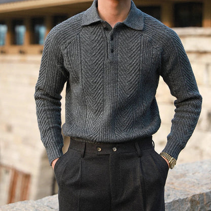 Men's Cable Knit Polo Sweater in Charcoal Slate - front view