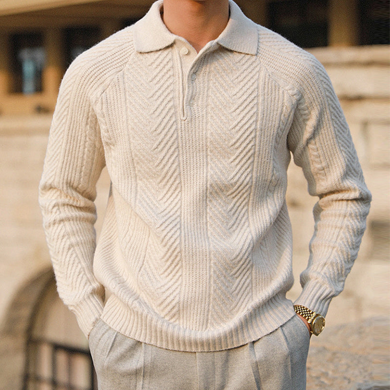 Men's Cable Knit Polo Sweater in Charcoal Slate - alternate angle showing fit and fabric detail