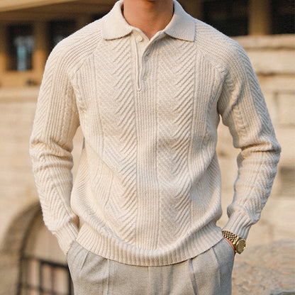 Men's Cable Knit Polo Sweater in Charcoal Slate - alternate angle showing fit and fabric detail