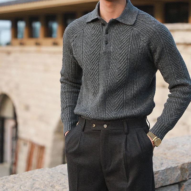 Men's Cable Knit Polo Sweater in Charcoal Slate - alternate angle showing fit and fabric detail