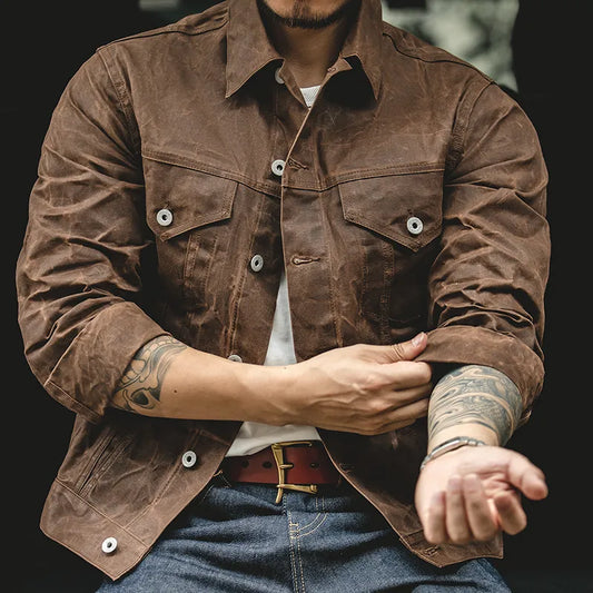 Men's Waxed Canvas Trucker Jacket in Brown - front view