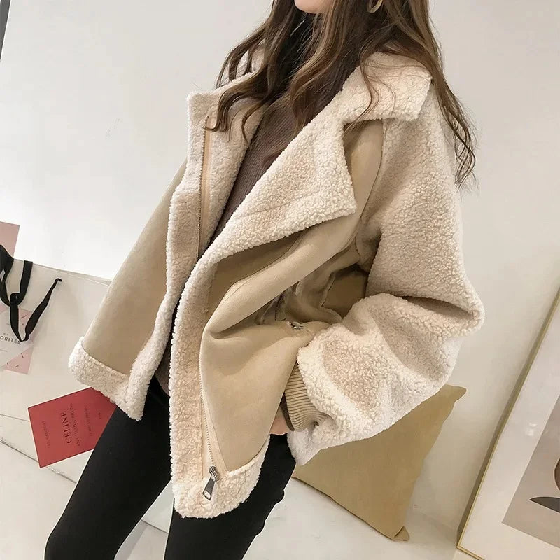Women's Faux Shearling Jacket in Cream & Beige - front view