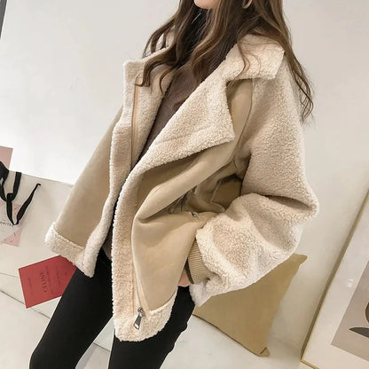 Women's Faux Shearling Jacket in Cream & Beige - front view