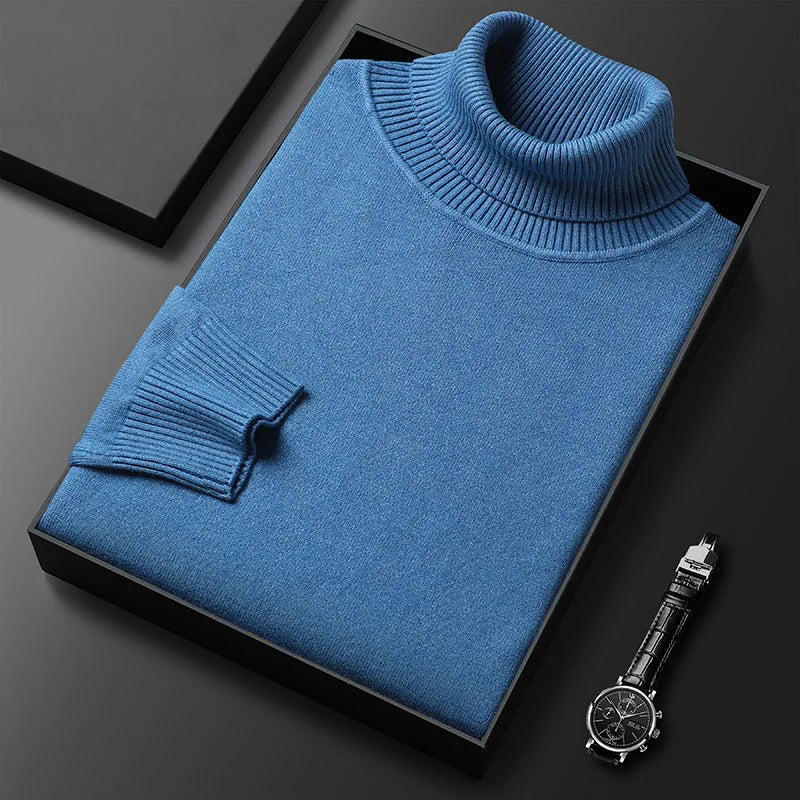 Men's Classic Fold-Over Turtleneck Sweater in Blue - front view