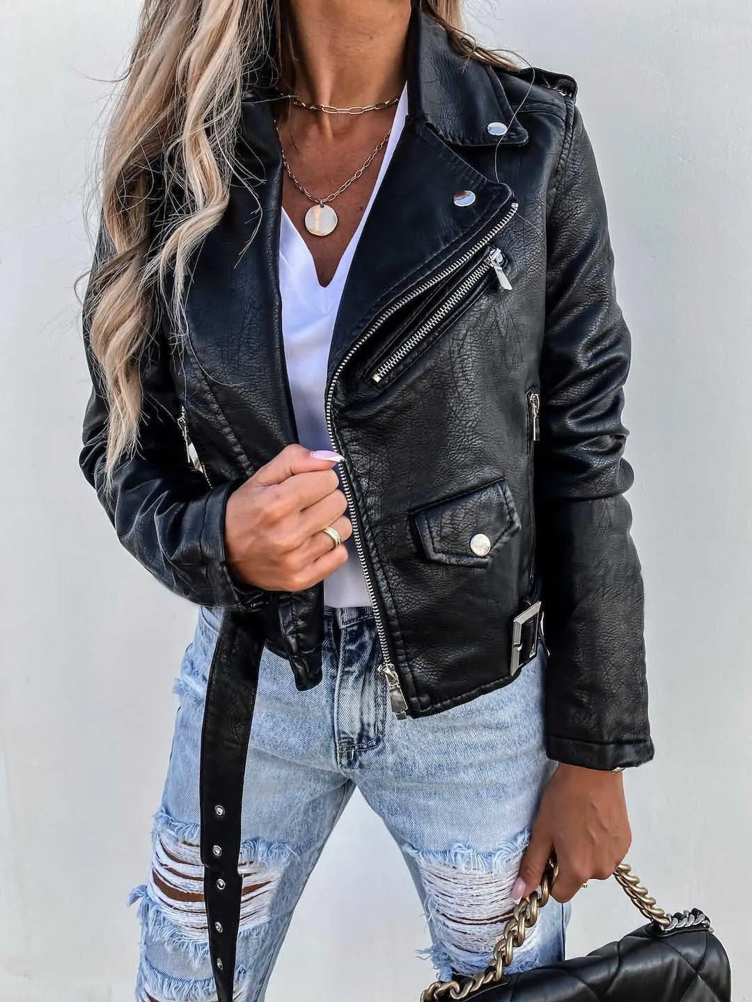 Women's Leather-Look Biker Jacket in Black - alternate angle showing fit and fabric detail