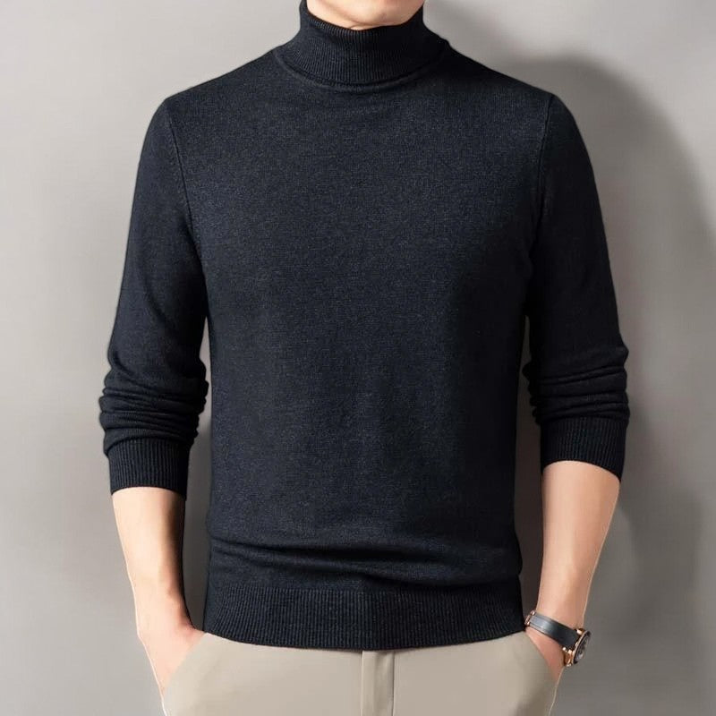 Men's Classic Fold-Over Turtleneck Sweater in Beige - alternate angle showing fit and fabric detail