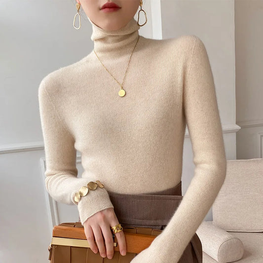 Women's Fitted Turtleneck Sweater in Ivory Pearl - front view