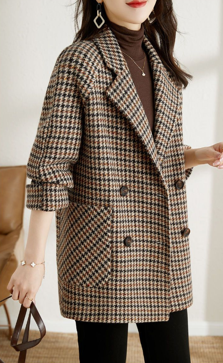 Women's Houndstooth Double-Breasted Blazer Coat in Black - alternate angle showing fit and fabric detail