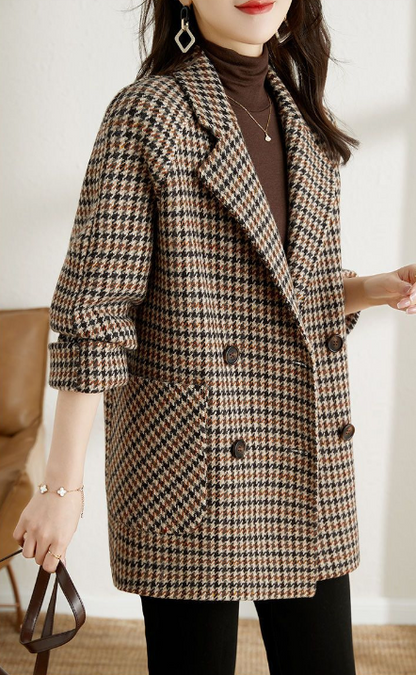 Women's Houndstooth Double-Breasted Blazer Coat in Black - alternate angle showing fit and fabric detail