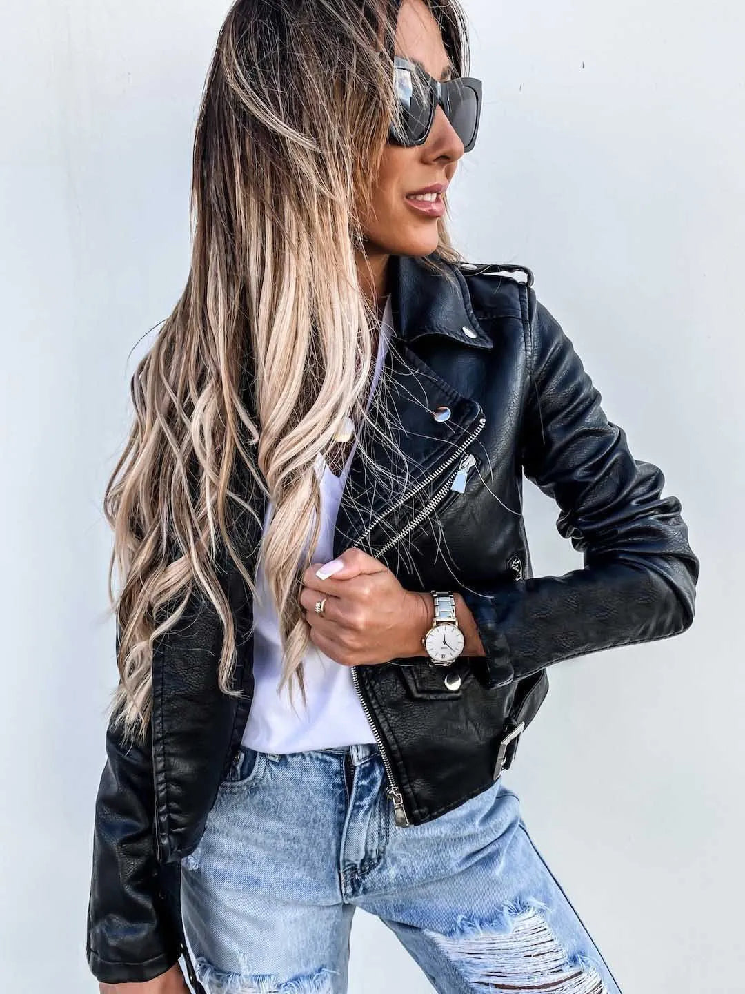 Women's Leather-Look Biker Jacket in Black - alternate angle showing fit and fabric detail