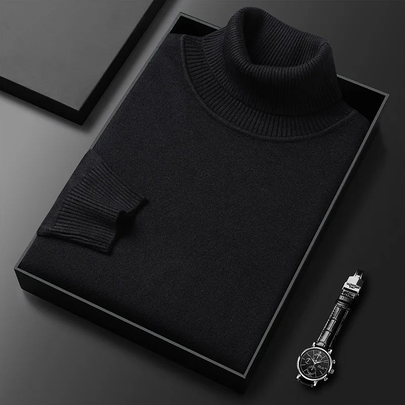 Men's Classic Fold-Over Turtleneck Sweater in Black - front view