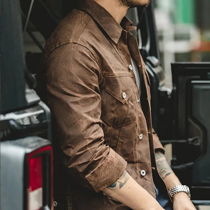 Men's Waxed Canvas Trucker Jacket in Brown - alternate angle showing fit and fabric detail