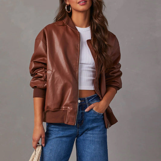 Women's Oversized Faux Leather Bomber Jacket in Brown - front view