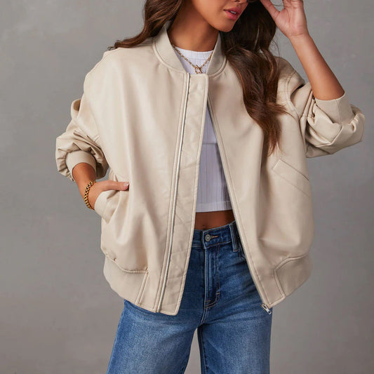Women's Oversized Faux Leather Bomber Jacket in Cream - front view