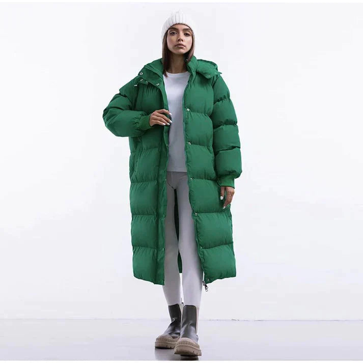 Women's Long Puffer Coat in Green - front view
