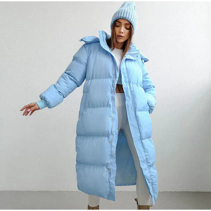 Women's Long Puffer Coat in Blue - front view