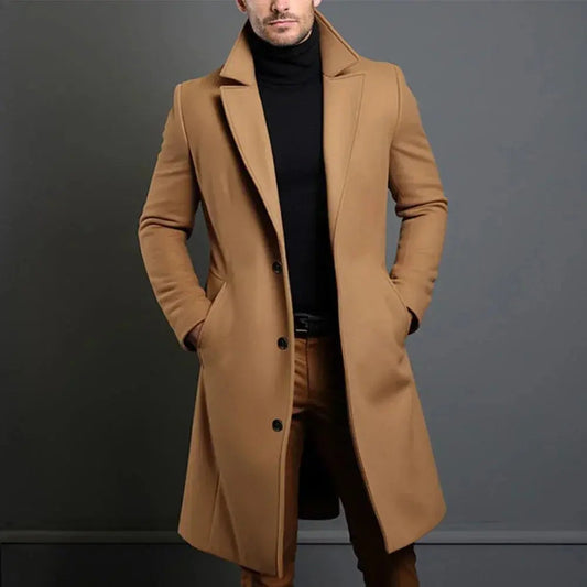 Men's Single-Breasted Long Overcoat in Beige - front view