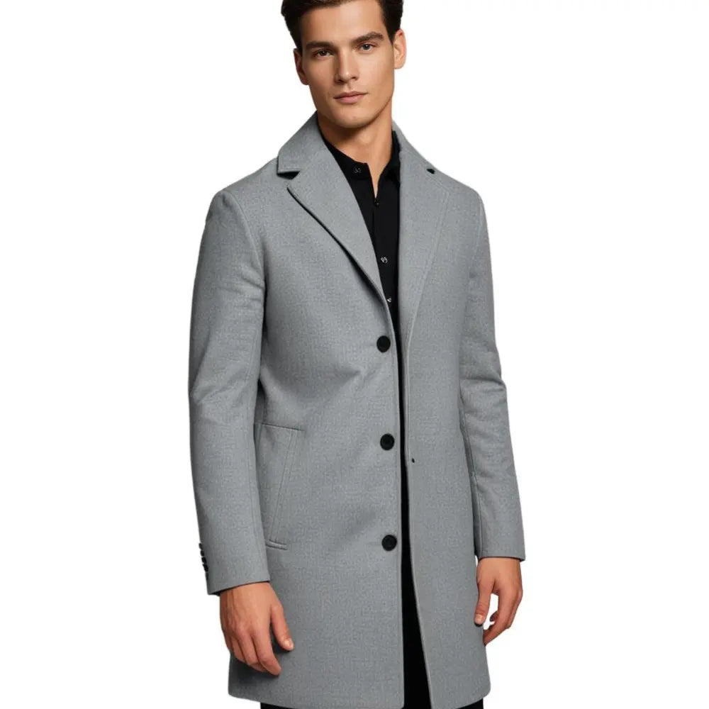 Men's Single-Breasted Long Overcoat in Black - alternate angle showing fit and fabric detail