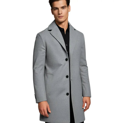 Men's Single-Breasted Long Overcoat in Black - alternate angle showing fit and fabric detail