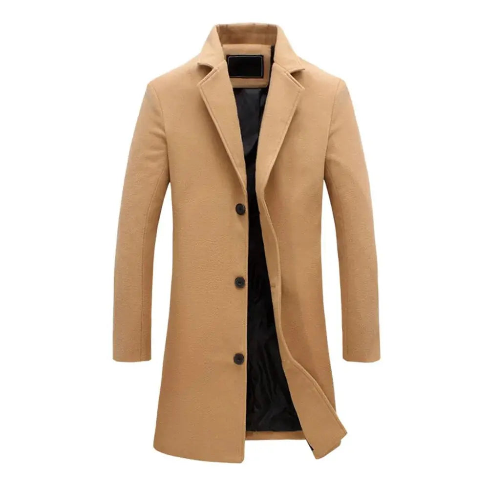Men's Single-Breasted Long Overcoat in Beige - alternate angle showing fit and fabric detail