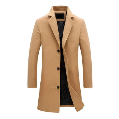 Men's Single-Breasted Long Overcoat in Beige - alternate angle showing fit and fabric detail