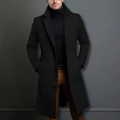 Men's Single-Breasted Long Overcoat in Black - front view
