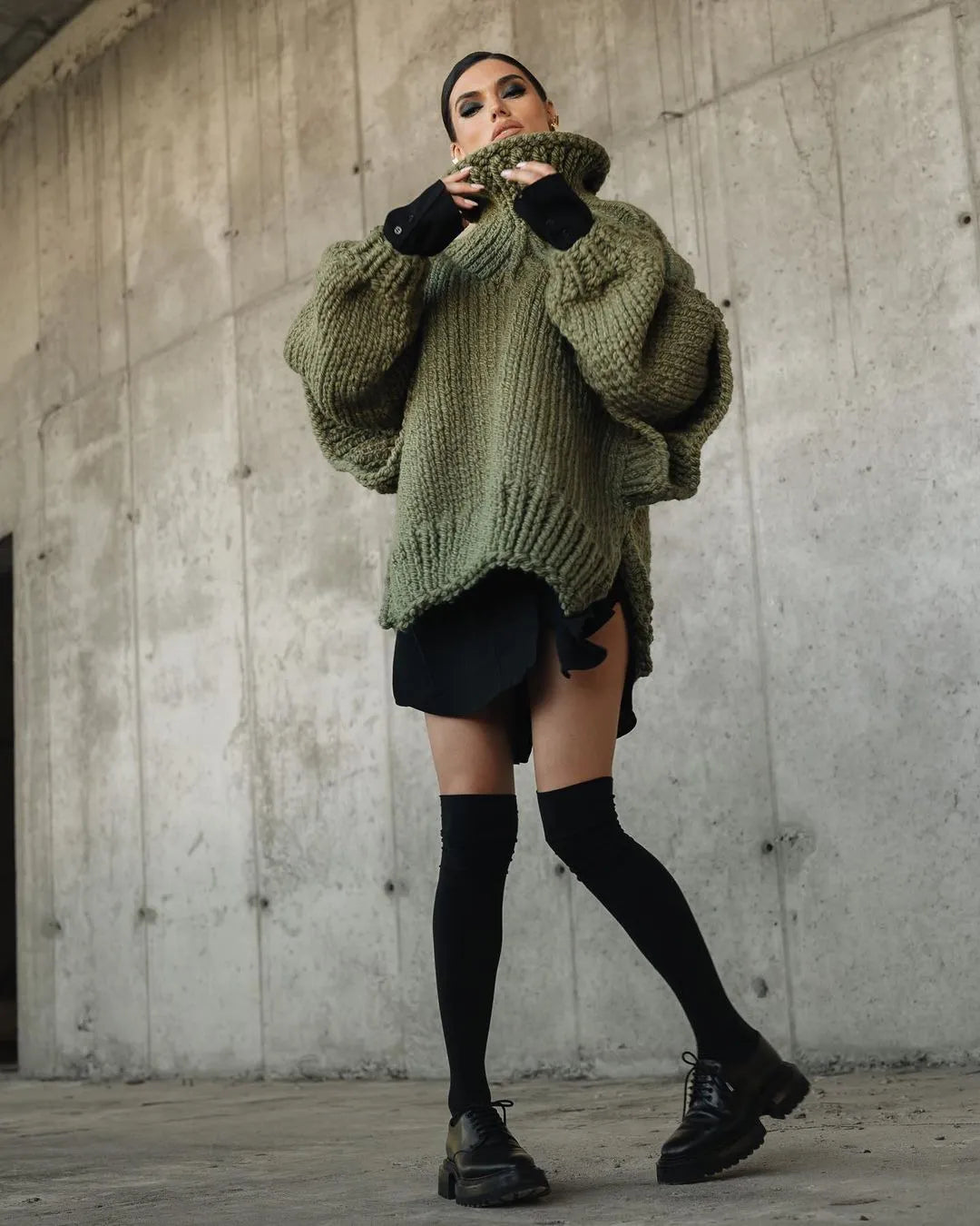 Women's Oversized Chunky Roll Neck Sweater in Blue - alternate angle showing fit and fabric detail