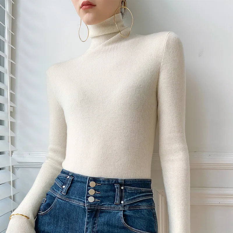 Women's Fitted Turtleneck Sweater in Cream - front view