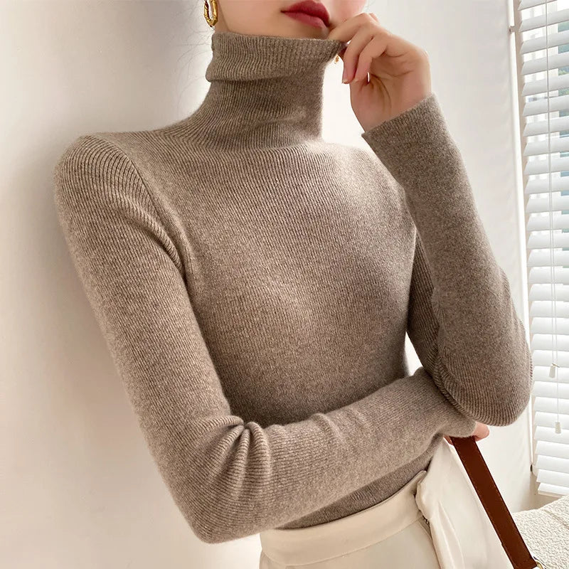 Women's Fitted Turtleneck Sweater in Camel - front view