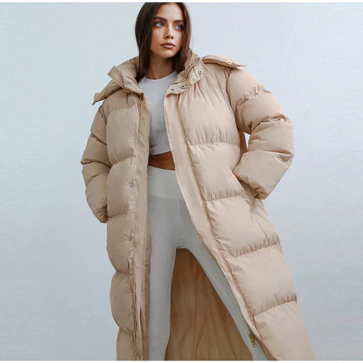 Women's Long Puffer Coat in Beige - front view