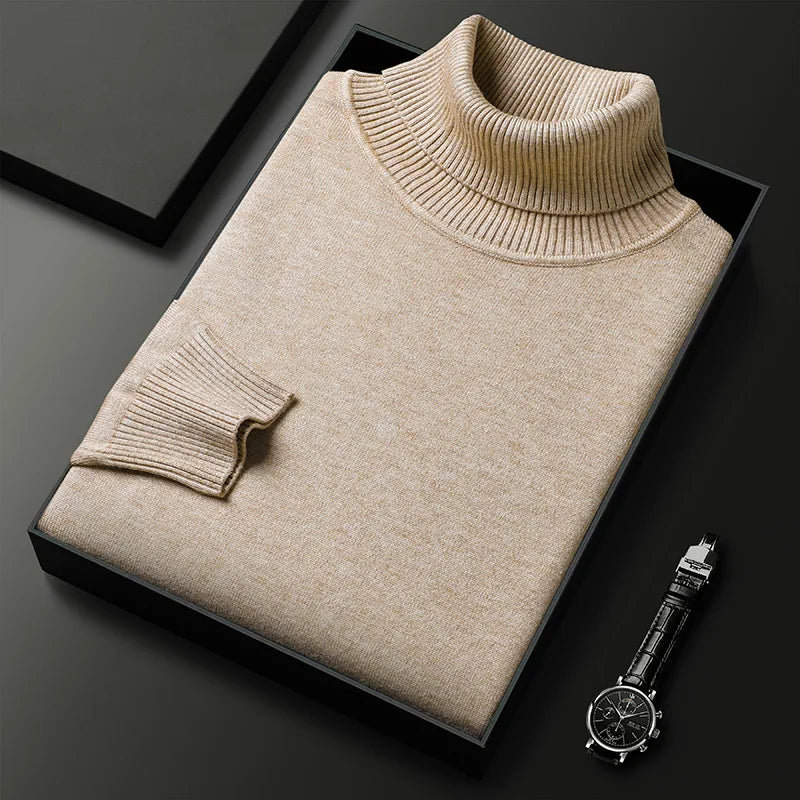 Men's Classic Fold-Over Turtleneck Sweater in Beige - front view