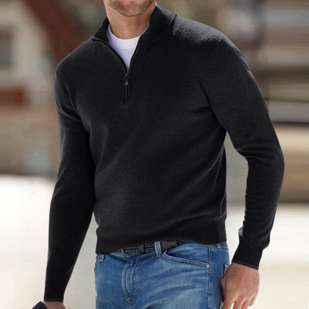 Men's Zip Collar Knit Sweater in Black - front view