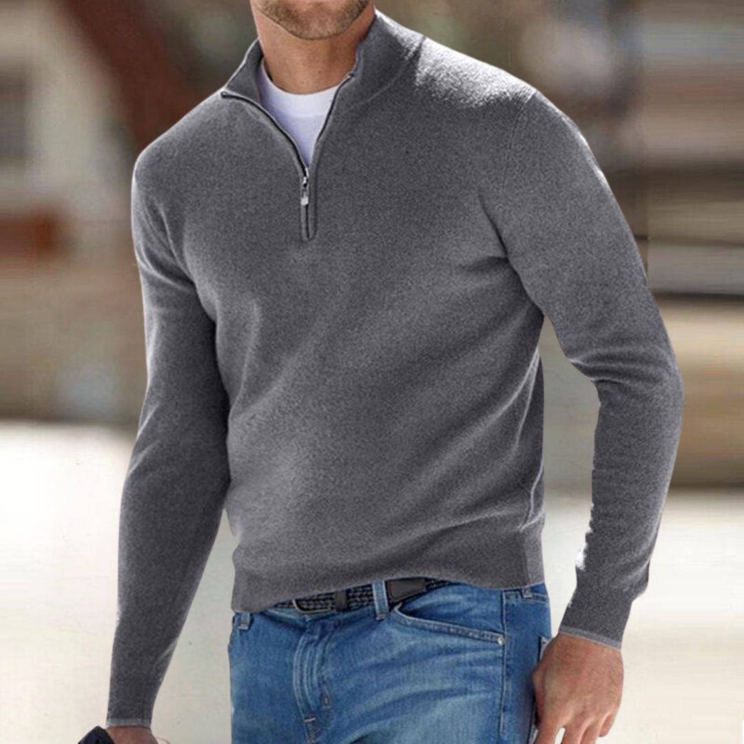 Men's Zip Collar Knit Sweater in Grey - front view