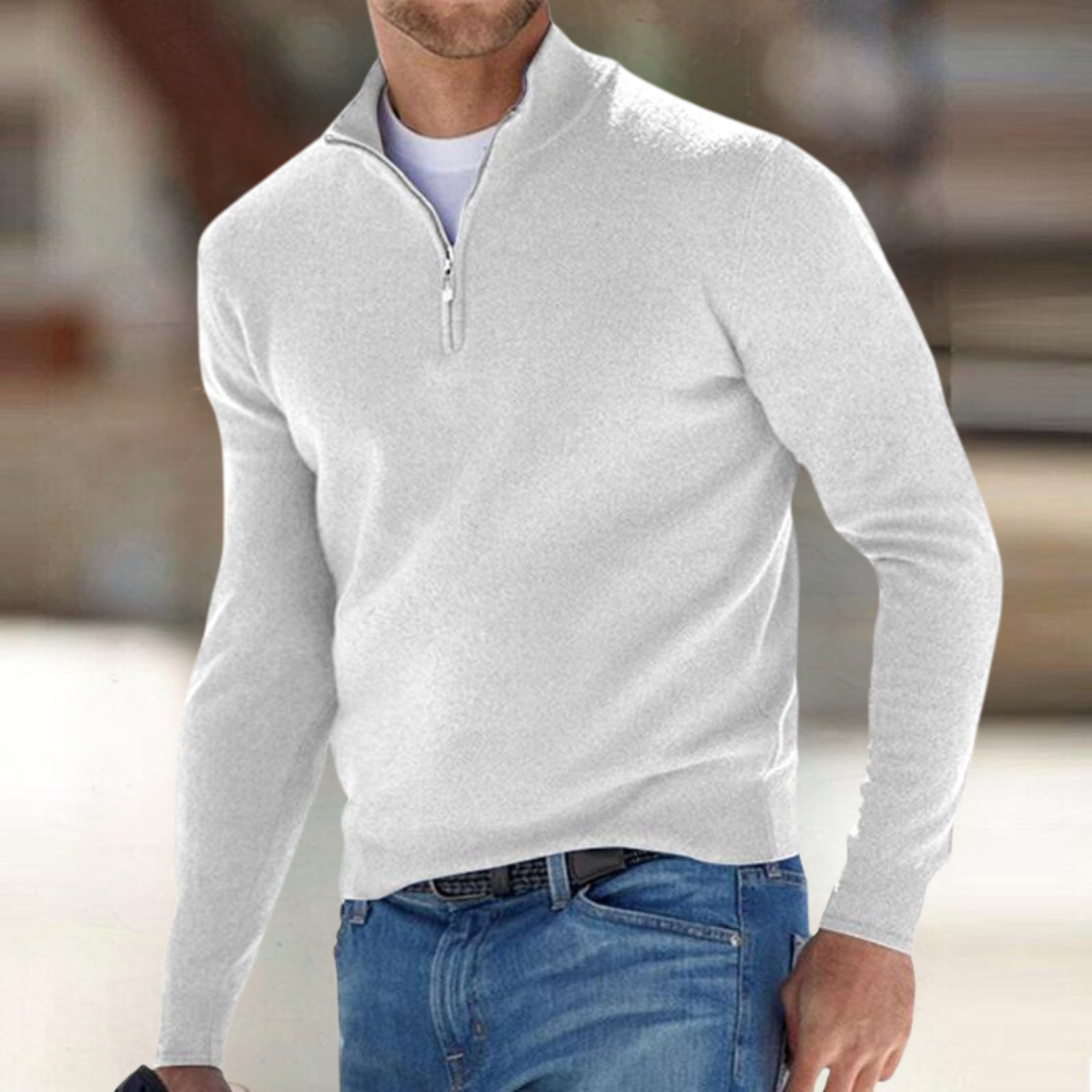 Men's Zip Collar Knit Sweater in White - front view