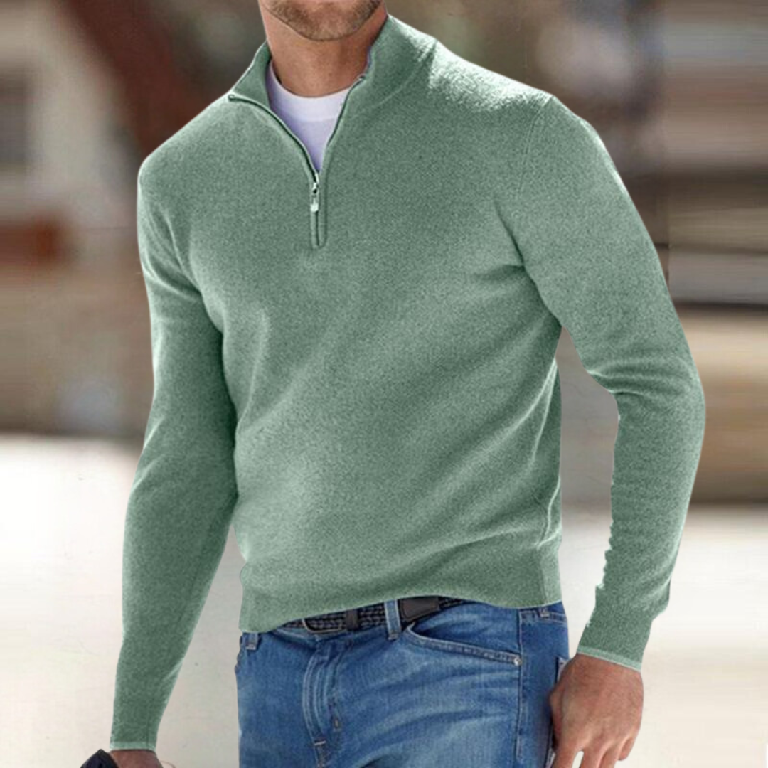 Men's Zip Collar Knit Sweater in Green - front view
