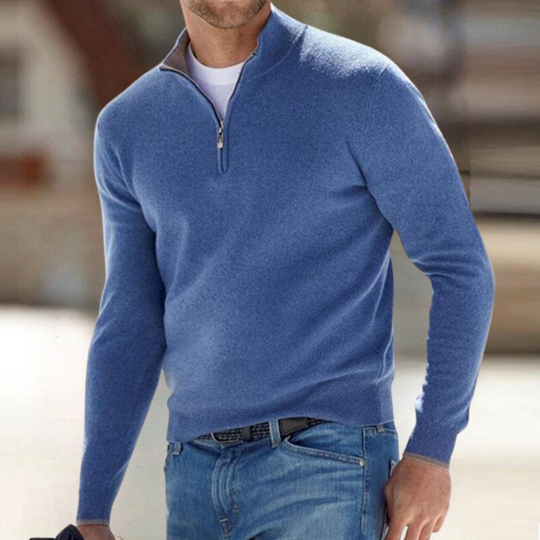 Men's Zip Collar Knit Sweater in Blue - front view