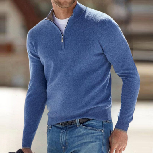 Men's Zip Collar Knit Sweater in Blue - front view