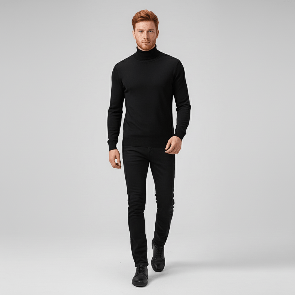 Men's Slim Fit Roll Neck Sweater in Red - alternate angle showing fit and fabric detail