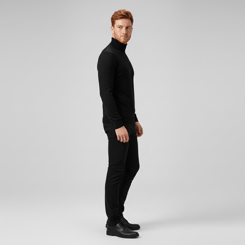Men's Slim Fit Roll Neck Sweater in Red - alternate angle showing fit and fabric detail