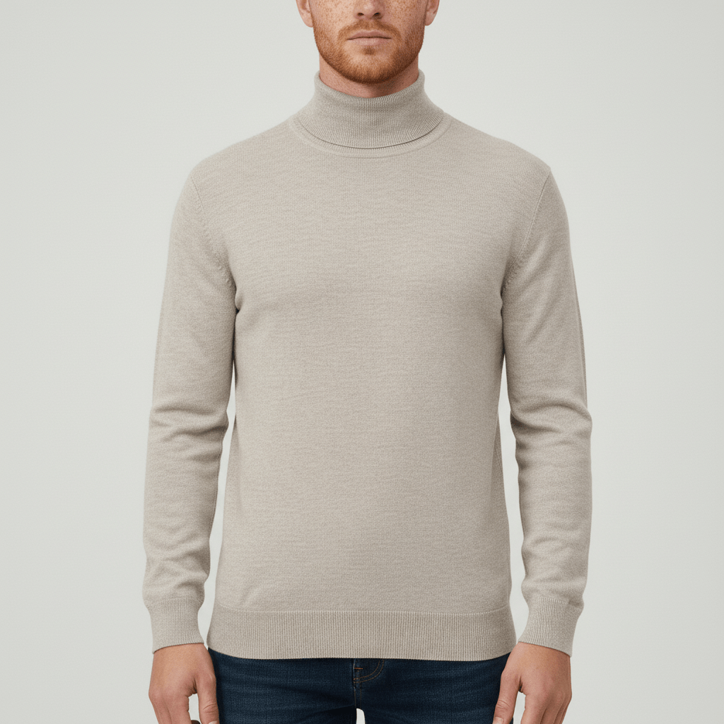 Men's Slim Fit Roll Neck Sweater in Beige - front view