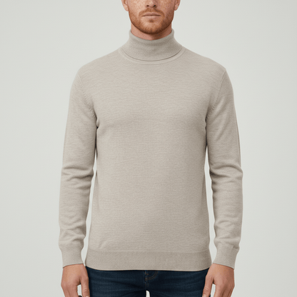 Men's Slim Fit Roll Neck Sweater in Beige - front view