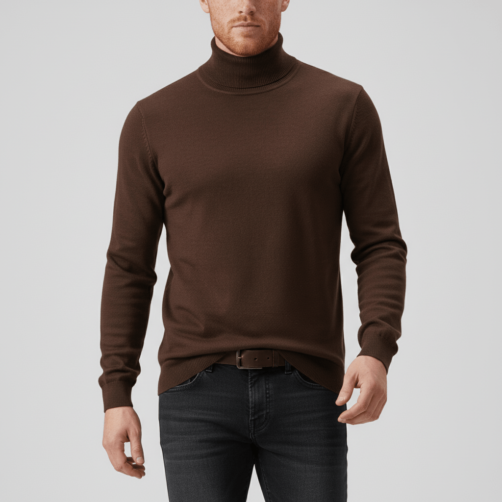 Men's Slim Fit Roll Neck Sweater in Brown - front view