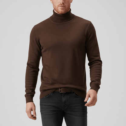 Men's Slim Fit Roll Neck Sweater in Brown - front view