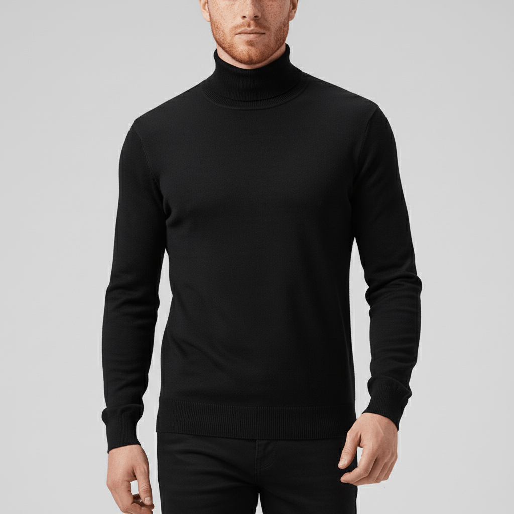 Men's Slim Fit Roll Neck Sweater in Black - front view