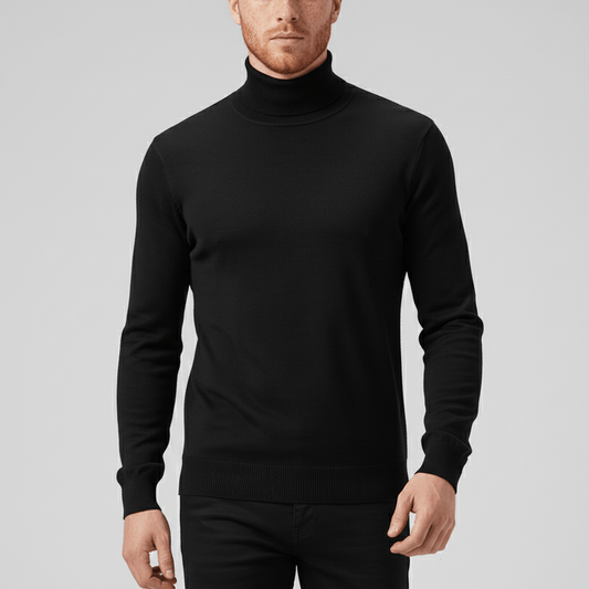 Men's Slim Fit Roll Neck Sweater in Black - front view
