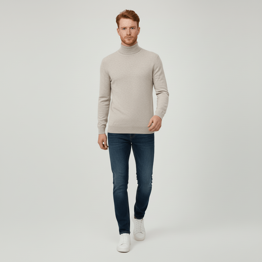 Men's Slim Fit Roll Neck Sweater in Beige - alternate angle showing fit and fabric detail
