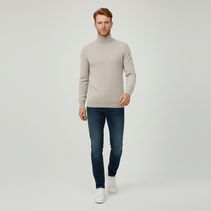 Men's Slim Fit Roll Neck Sweater in Beige - alternate angle showing fit and fabric detail